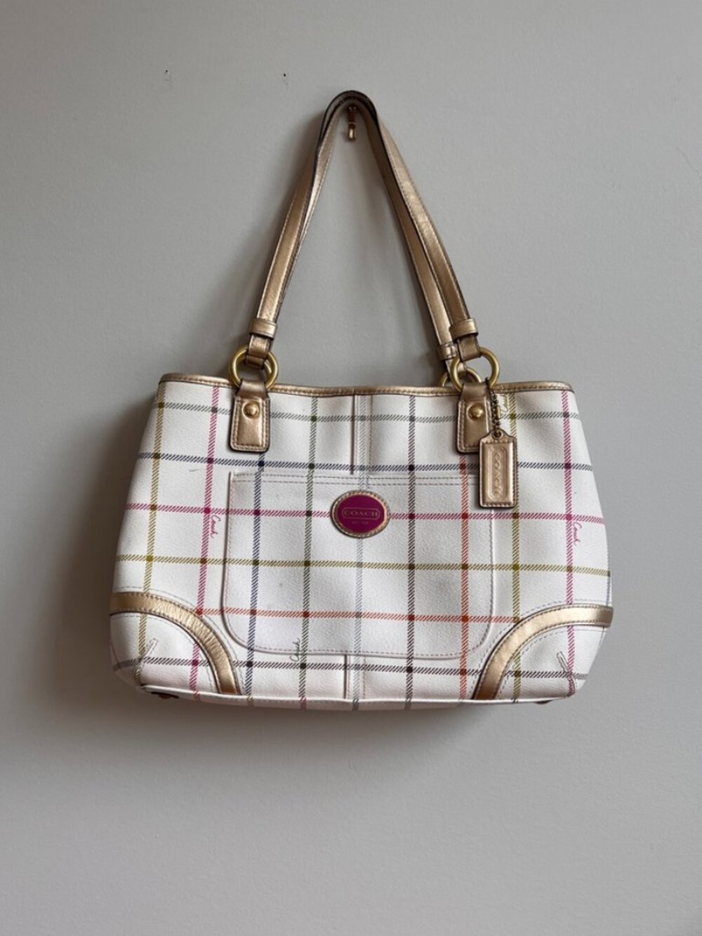Coach Plaid Tote Bag | Metallic Champagne Leather Trim | Authentic | F16941